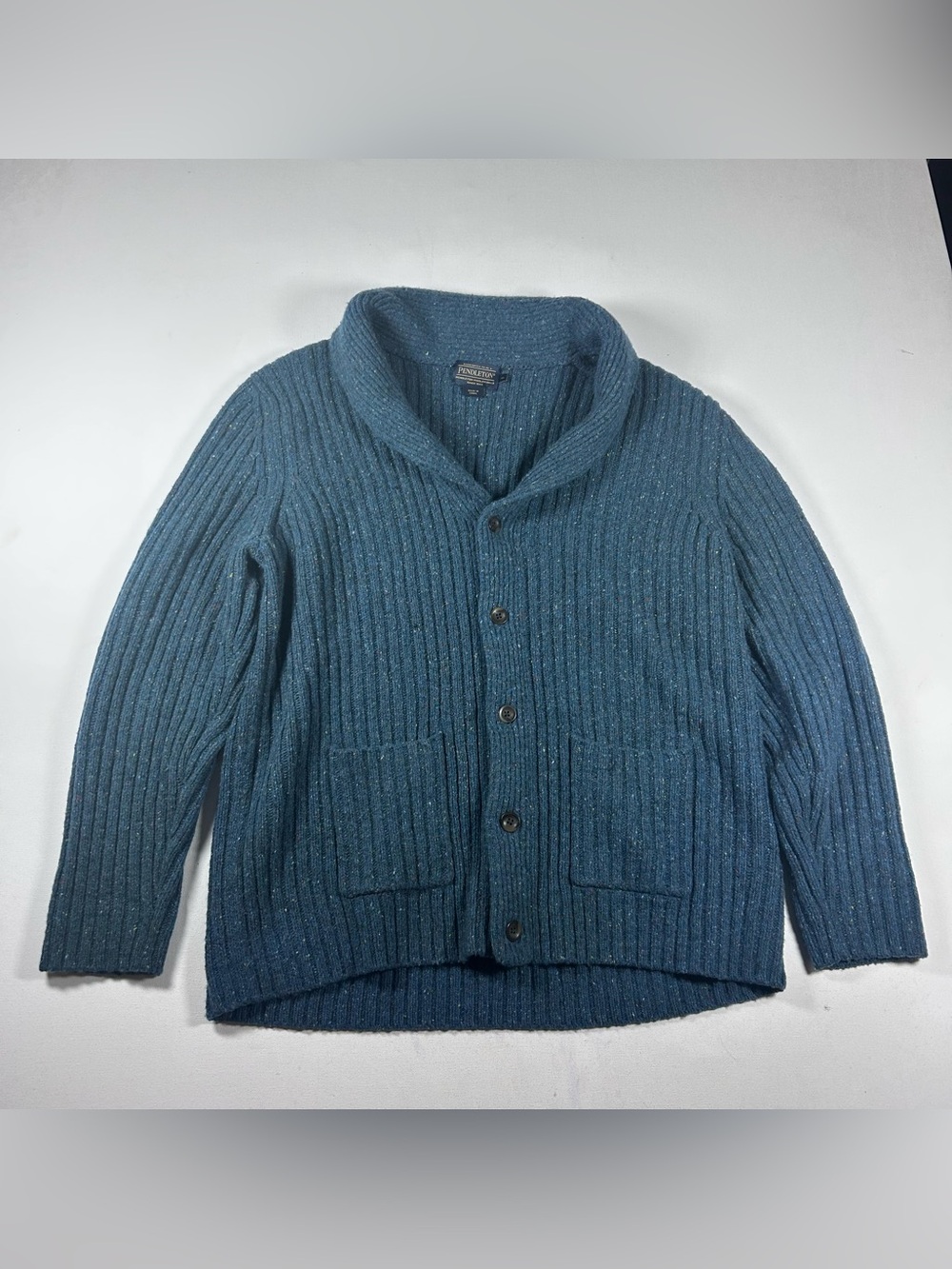Pendleton Cable Knit Wool Cardigan Sweater Shawl XL Teal Speckled Shetland Wool
